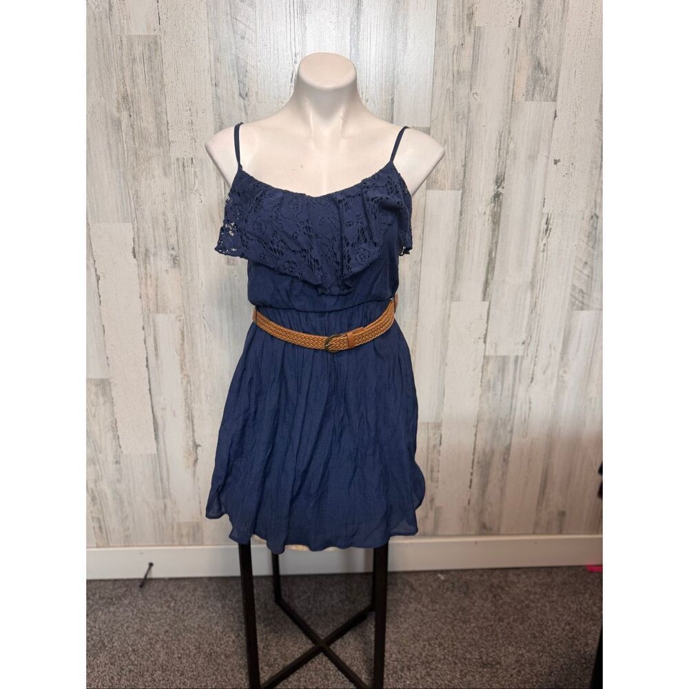 IZ Byer Navy Blue Chiffon Mini Dress Womens Small Lace Popover Overlay Belted
